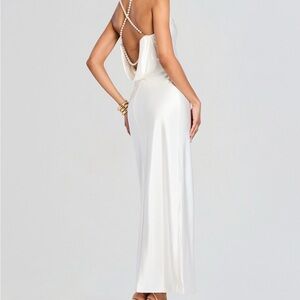Retrofete ELECTRA DRESS White satin maxi dress with pearl straps Size Medium